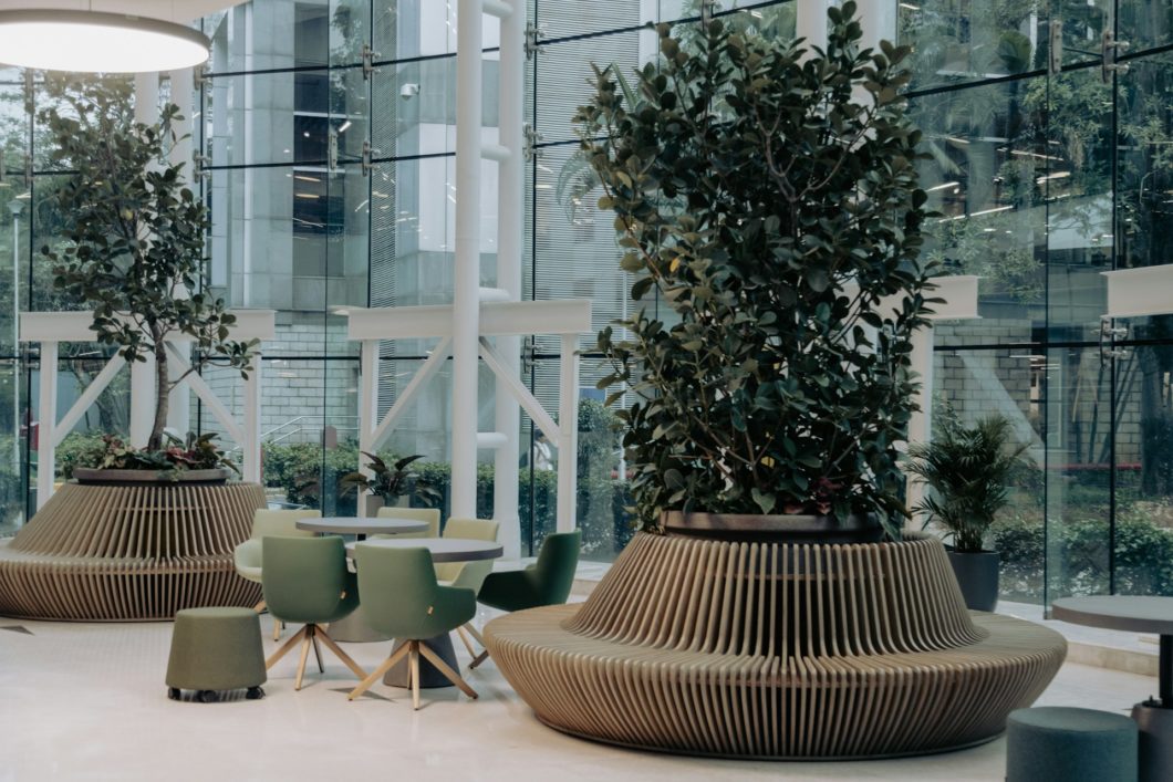 office reception with plants and seating area